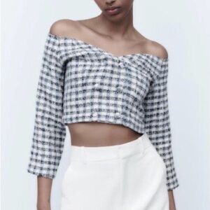Zara Tweed Off the Shoulder Cropped Blazer Medium